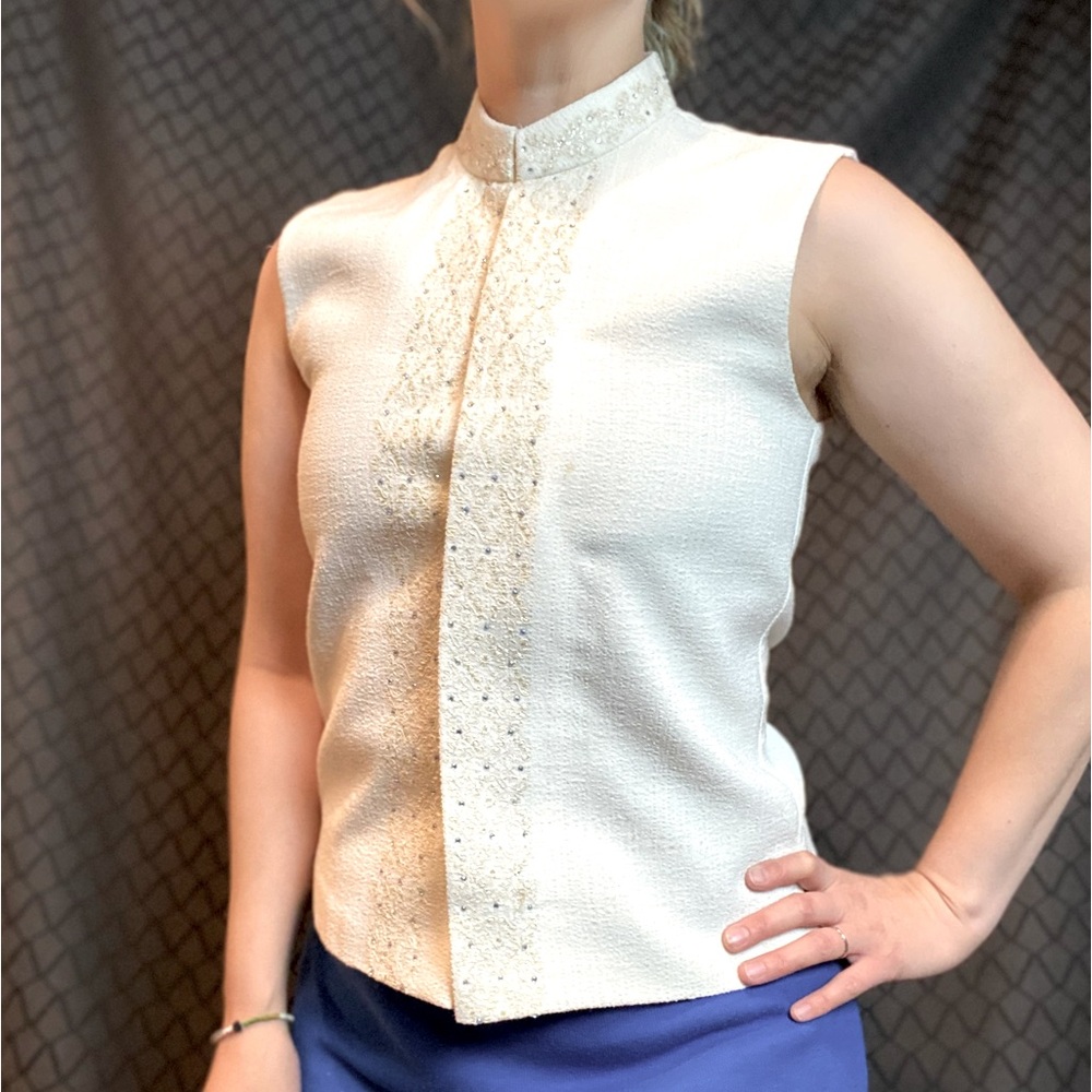 $5 SALE — Vintage Lux Vest Waistcoat Bridal-like White Bejeweled